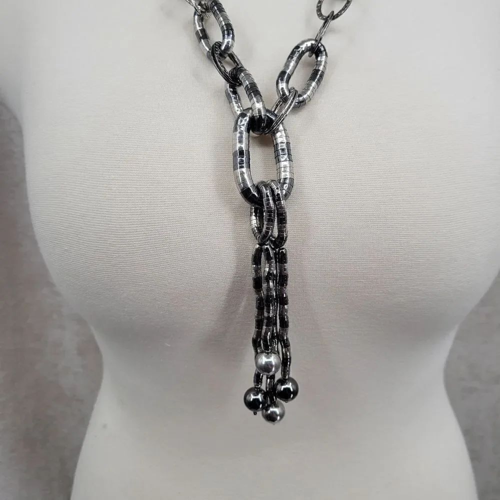 Chicos Silver Gunmetal Tone Y Drop Ball Tassel Link Articulated Necklace 29-33” - Picture 3 of 9